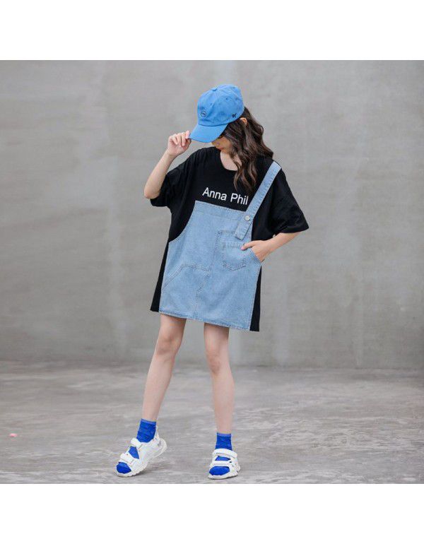 Children's New Girls' Loose T-shirt Summer Korean Version Chinese Big Children's Parent-child Dress Pure Cotton Splice Fake Two Piece Top