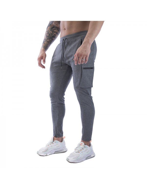 Men's sports pants stretch cotton casual small leg large zip pocket men's pants 