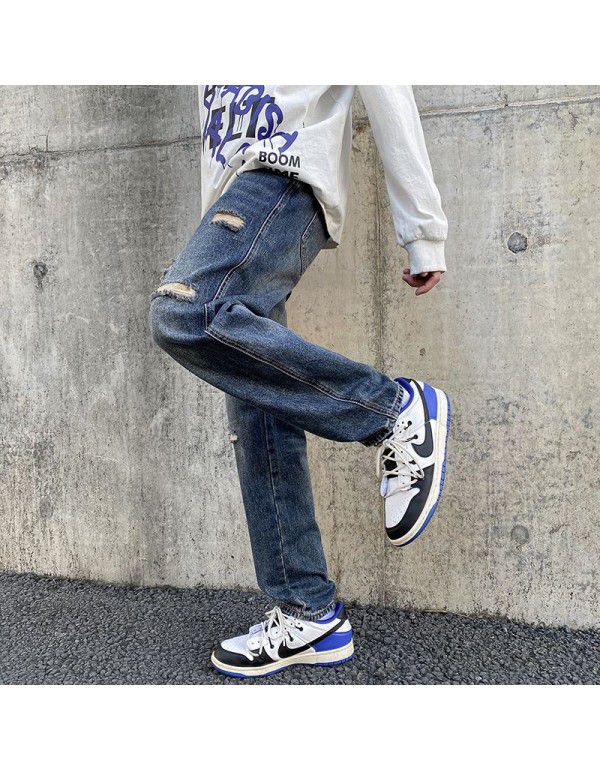 Broken jeans Men's high street Hong Kong style loose straight pants Spring and Autumn fashion brand vintage casual wide leg pants