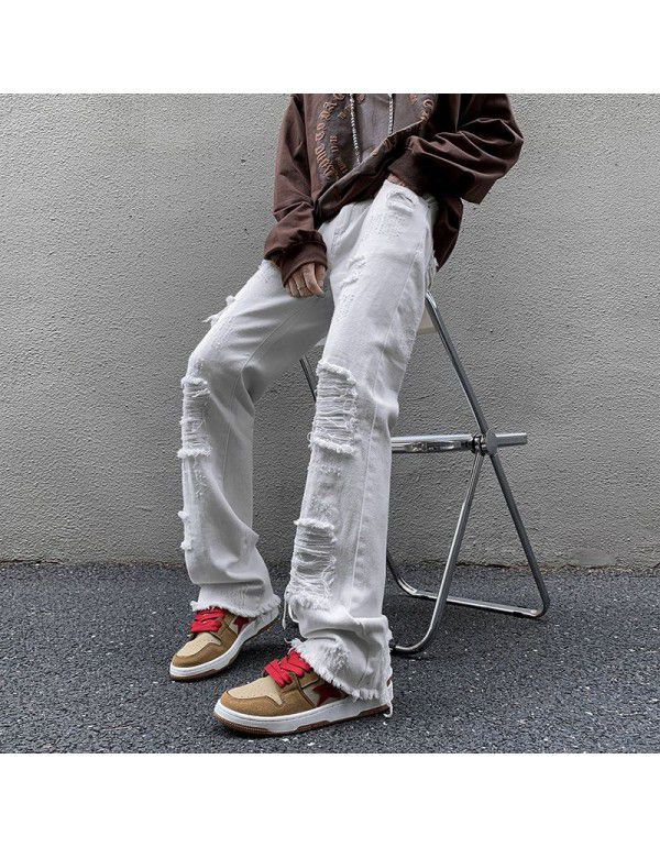 New Men's Jeans Small Retro Fake Broken Youth Straight Leg Pants American Casual Large Pants