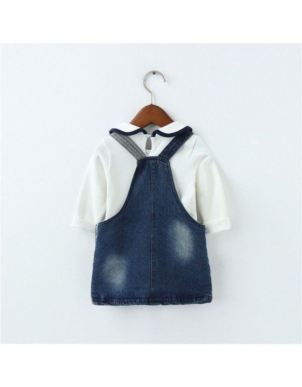 New European and American Children's Wear Girls' Stripe T-shirt Denim Skirt Embroidered Hanging Strap Two Piece Kids' Skirt