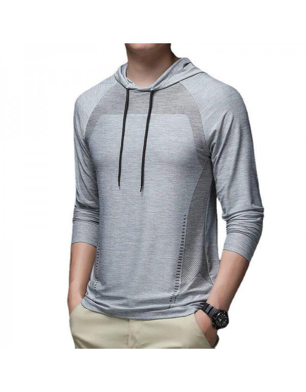 Autumn Men's Ice Silk Quick Dry Hoodie Long Sleeve T-shirt Sports Leisure Outdoor Fitness Running Top