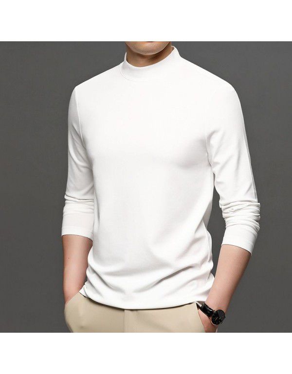 Autumn New Brand Men's Wear Solid Color Men's Pullover Fashion City Middle Neck Underlay T-shirt Silk Men's T Shirt