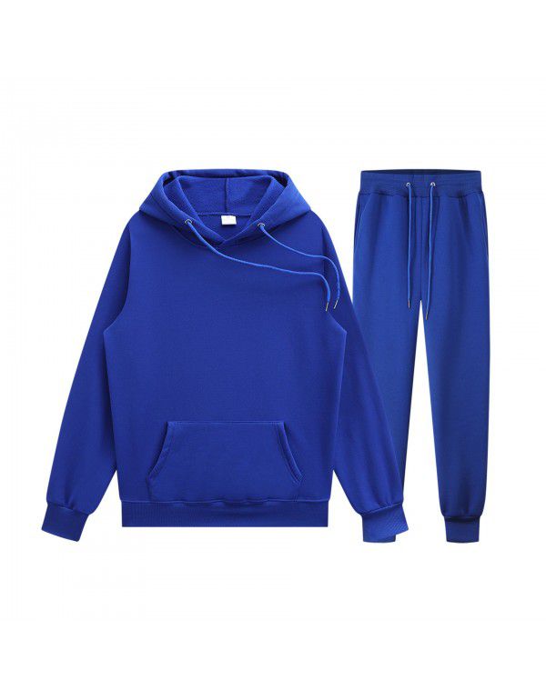 Men's pullover sweater set manufacturer polyester plush sweater hoodie+two-piece set of trousers 