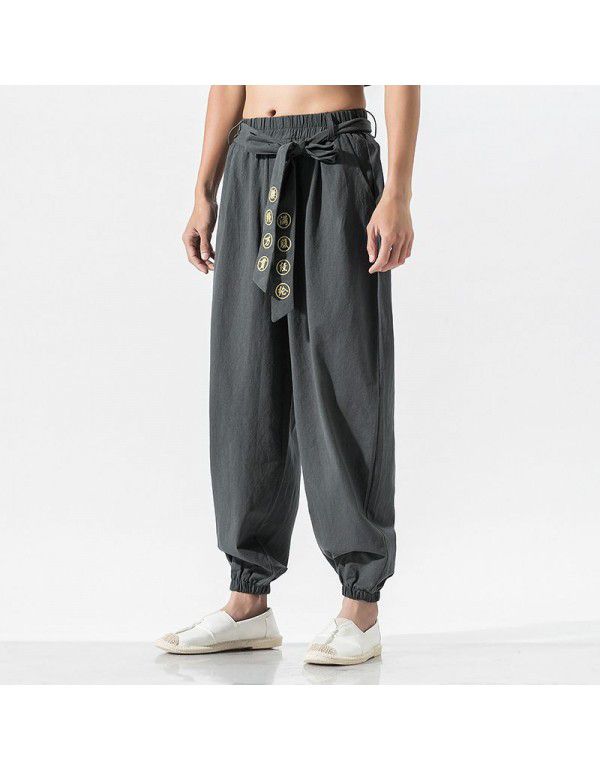 Spring and Summer New Men's Casual Cotton Linen Pants Men's Chinese Style Loose Embroidered Harun Pants Linen Pants