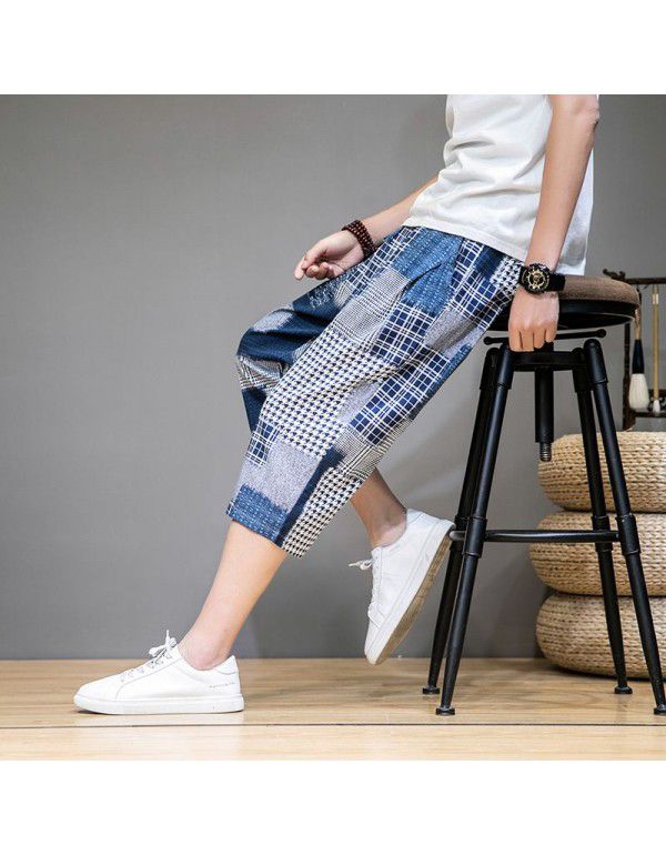 Summer new Chinese style cotton hemp men's casual shorts retro large linen fashion stitching beach pants 