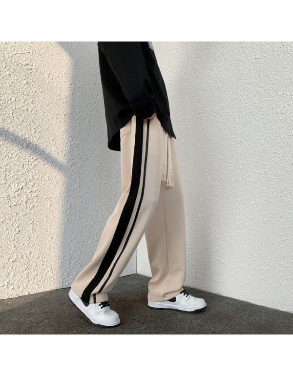 Casual pants men's autumn new style Hong Kong fashion brand striped loose pants men's straight leg wide leg sports pants 