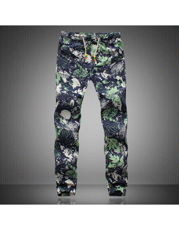 Summer floral cotton and hemp lace small leg capris men's slim Harun men's casual pants 