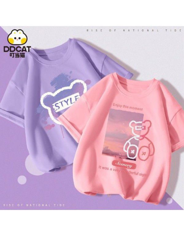 Girls' Short Sleeve T-shirt Summer Cartoon Print Cotton Half Sleeve T-shirt Medium and Big Kids