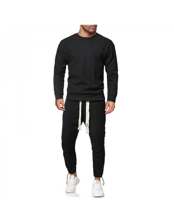 New men's solid color long-sleeved sports sweater suit men's casual round neck two-piece set 