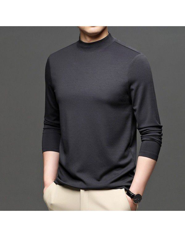 Autumn New Brand Men's Wear Solid Color Men's Pullover Fashion City Middle Neck Underlay T-shirt Silk Men's T Shirt