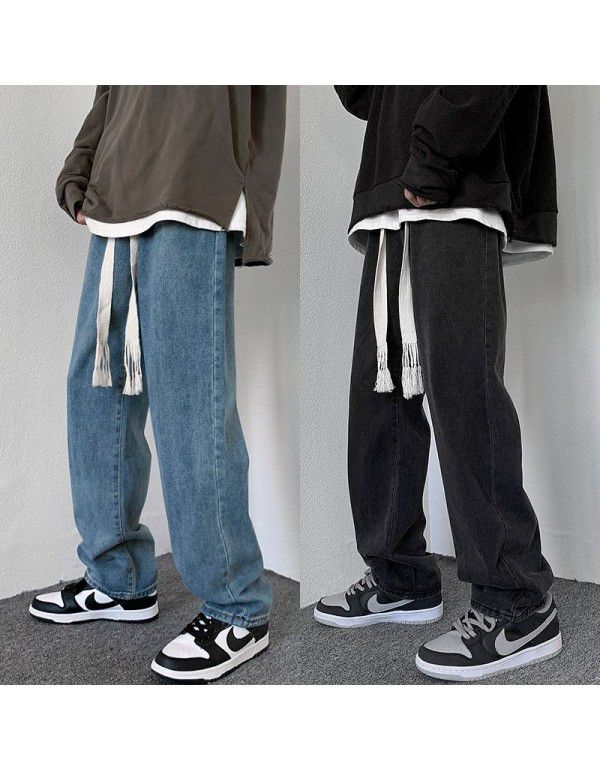 Men's jeans Spring new style drawstring loose straight tube dad pants Men's trend Korean wide leg mop pants 