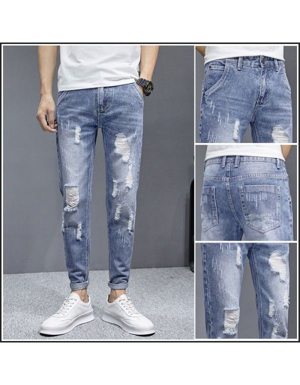 Perforated Pants Jeans Men's Slim Fit Feet Casual Versatile Beggar Fashion Brand Cropped Pants