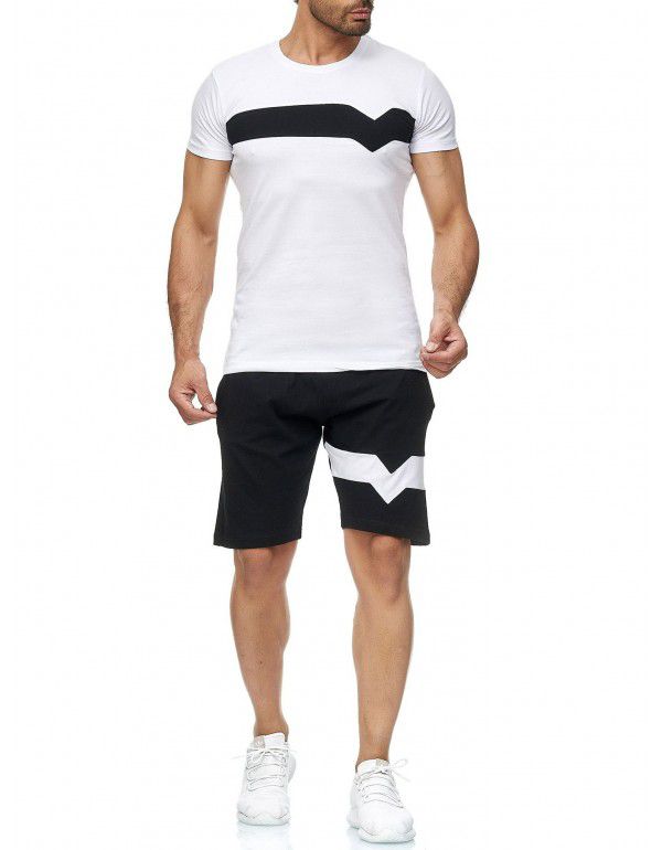 New men's summer sports suit men's short sleeve short cotton color contrast casual sports suit men 