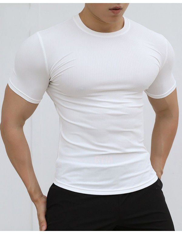 New sports short-sleeved men's summer solid color stripe fitness training casual high stretch fit T-shirt top 