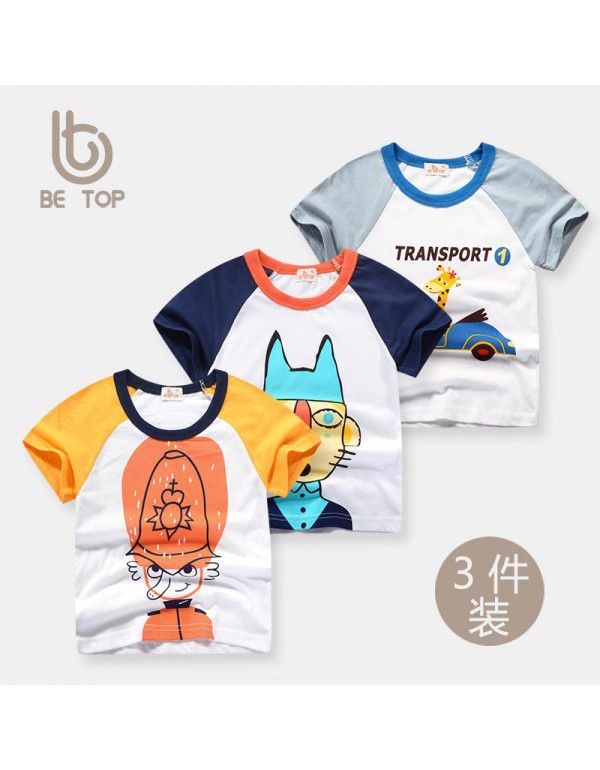 Summer Korean Children's Short Sleeve T-shirt Boys' Cotton 3PK Children's 3PK Set Girls' Top