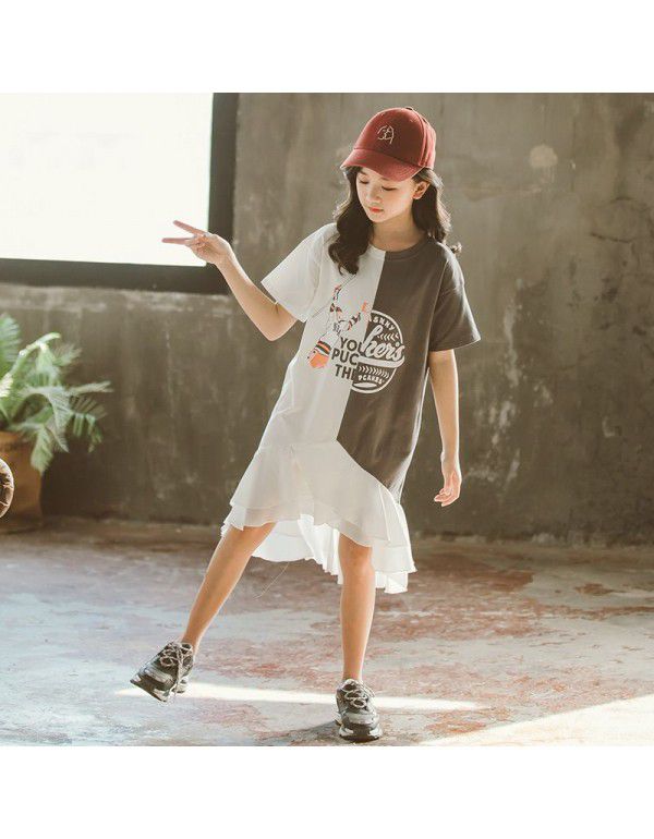 Summer Korean version of large and medium-sized children's clothing color letters t-shirt short sleeve dress children's skirt parent-child dress 