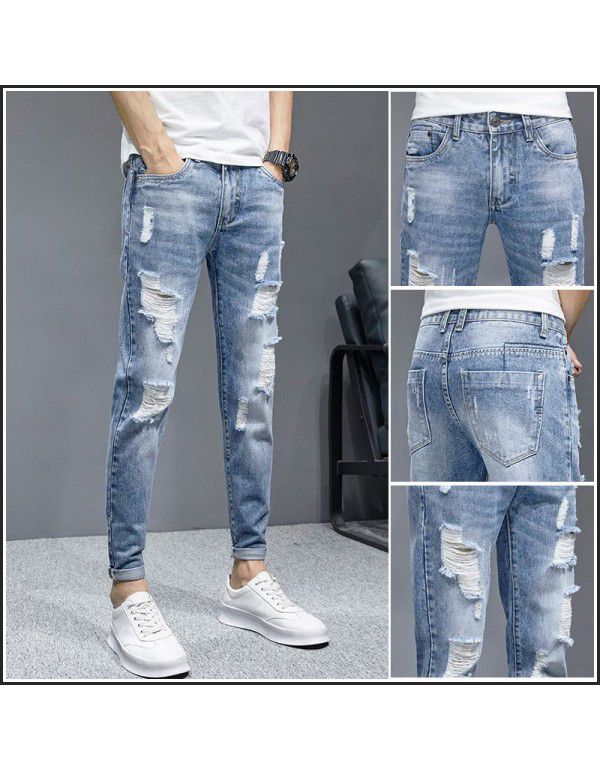 Perforated Pants Jeans Men's Slim Fit Feet Casual Versatile Beggar Fashion Brand Cropped Pants