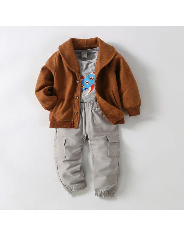 Boys' tweed coat gray rocket long sleeve T-shirt pants for small and medium-sized children 3-piece set