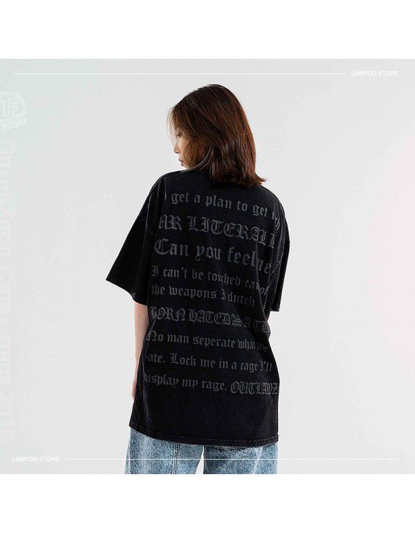 Summer New China-Chic Brand Men's Washing Gothic Letter Foam Printed Short Sleeve T-shirt for Men