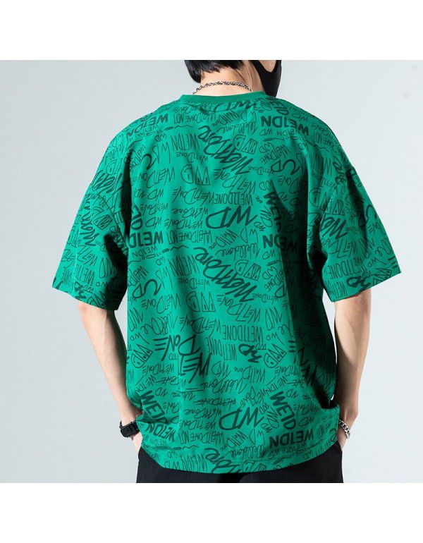 Japanese men's summer ice silk thin short-sleeved t-shirt full print trend loose size Japanese pullover bottom shirt men 