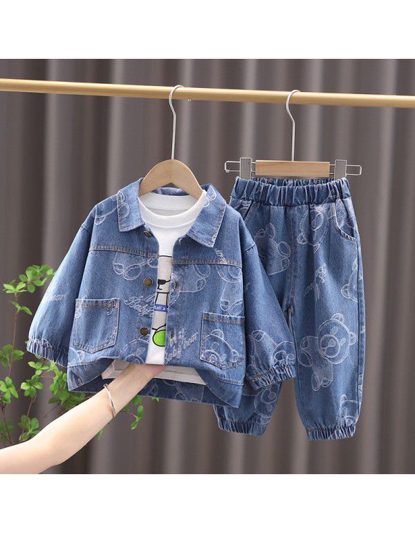 Children's casual T-shirt Children's wear Boys' autumn wear Polo collar Denim jacket set Long sleeve work clothes Fashion children's coat