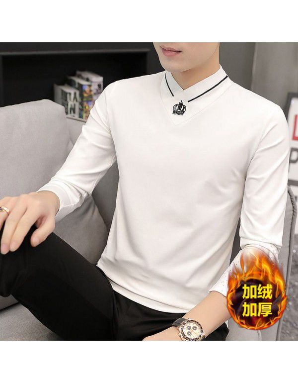 Modal men's long-sleeved t-shirt autumn and winter new slimming trend warm plush v-neck clothes bottoming shirt men 