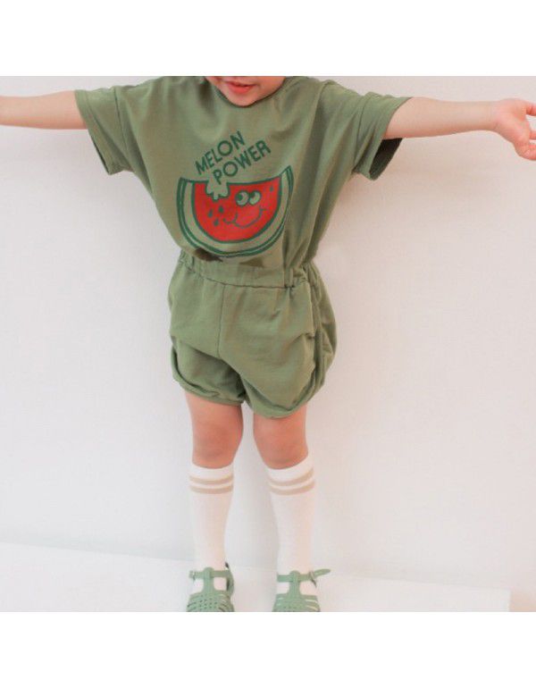 Children's new summer suit Korean style sports casual cartoon printed t-shirt for boys and girls short-sleeved shorts set 