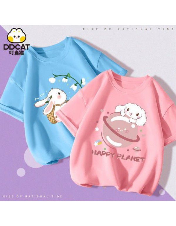 Girls' Short Sleeve T-shirt Summer Cartoon Print Cotton Half Sleeve T-shirt Medium and Big Kids