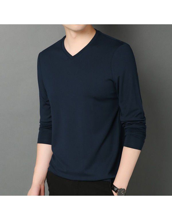 Autumn and Winter V-Neck Men's Long Sleeve Solid Color T-shirt with Silk Youth Fashion Pullover Modal Bottom Shirt