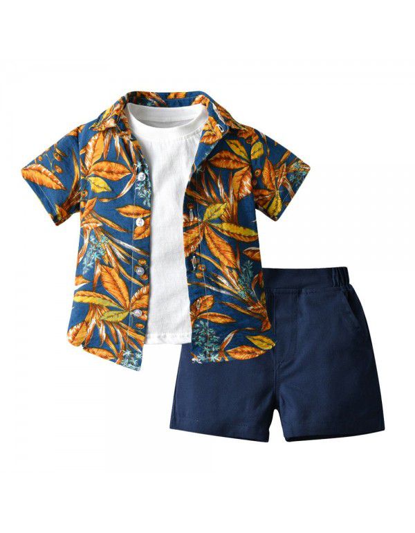 Hawaiian Set Boys' Fashion Flower Shirt Jacket Short Sleeve T-shirt Shorts 3PK Set 