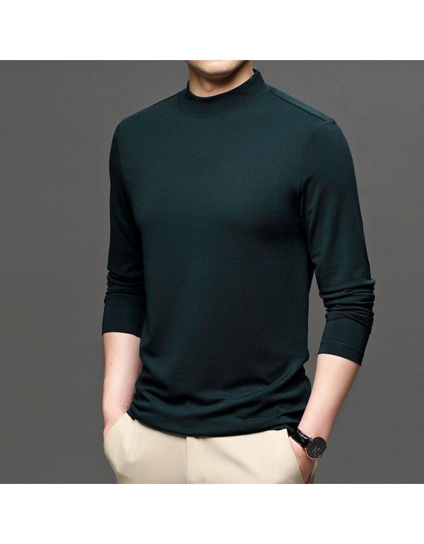 Autumn New Brand Men's Wear Solid Color Men's Pullover Fashion City Middle Neck Underlay T-shirt Silk Men's T Shirt