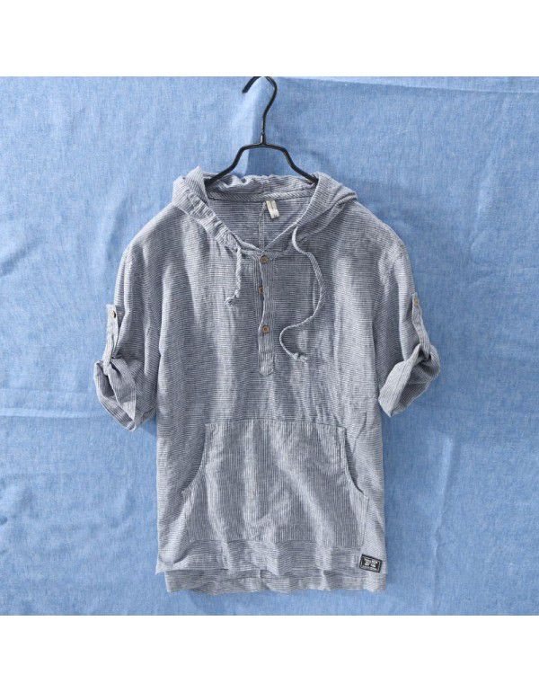 New Summer Japanese Stripe Small Fresh Hooded T-shirt Cotton Hemp Casual Men's Shirt