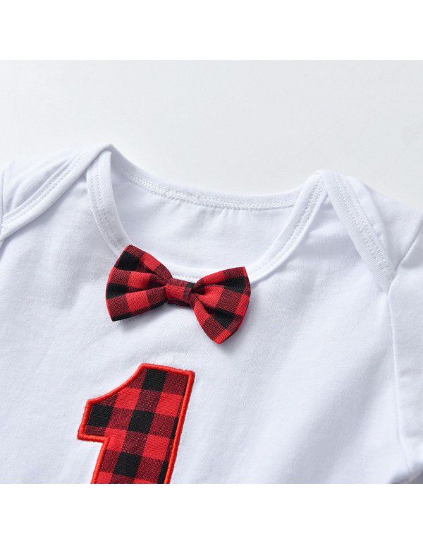 Baby Boys Fall Long Sleeve T-shirt Strap Pants Boys Set Gentleman Bowtie Cotton Creeper