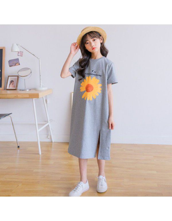 Summer New Medium to Large Kids Korean Version Loose Medium to Long T-shirt Girls Little Daisy Short Sleeve Top 