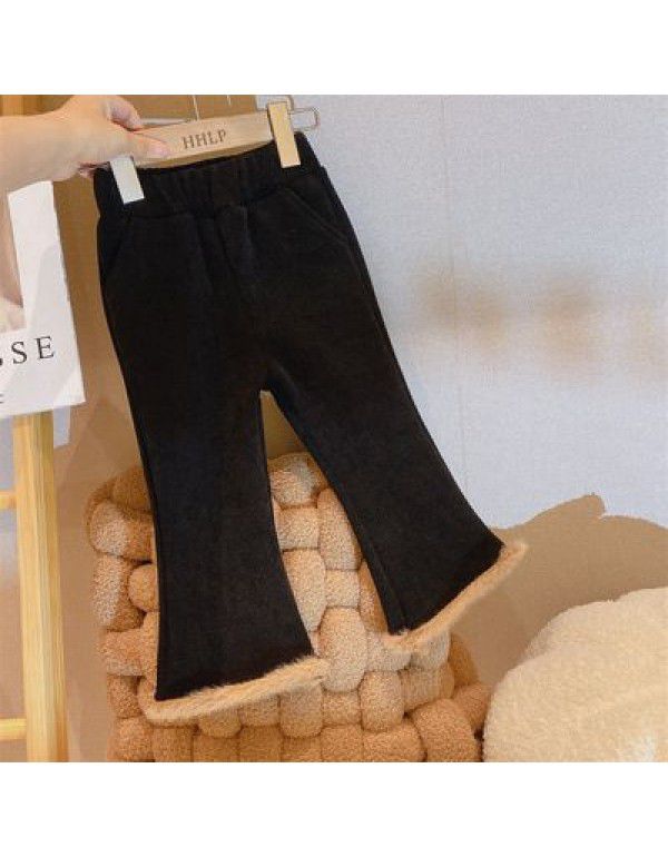 Girls' one-piece plush thickened chenille flared trousers, children's Korean version of foreign style, versatile warm casual pants 