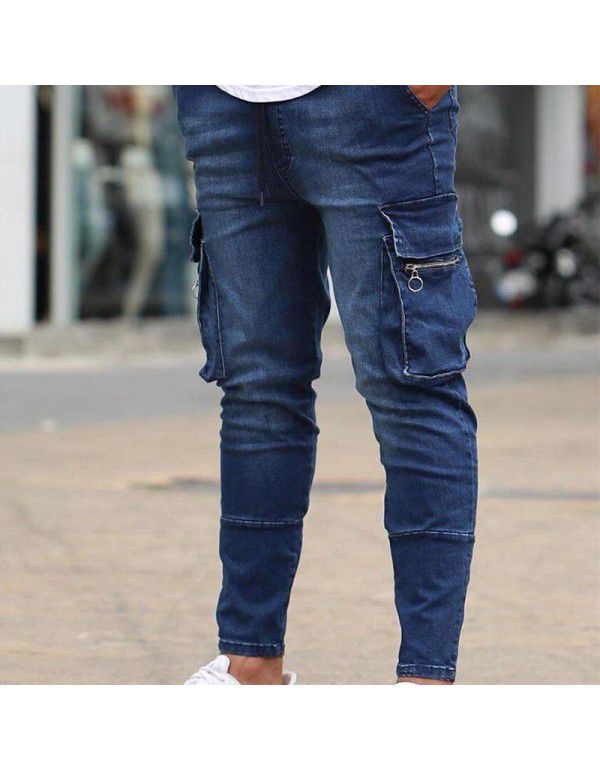 Men's Multi Pocket Elastic Feet Workwear Pants Jeans Men