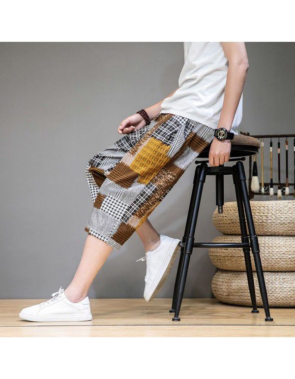 Summer new Chinese style cotton hemp men's casual shorts retro large linen fashion stitching beach pants 