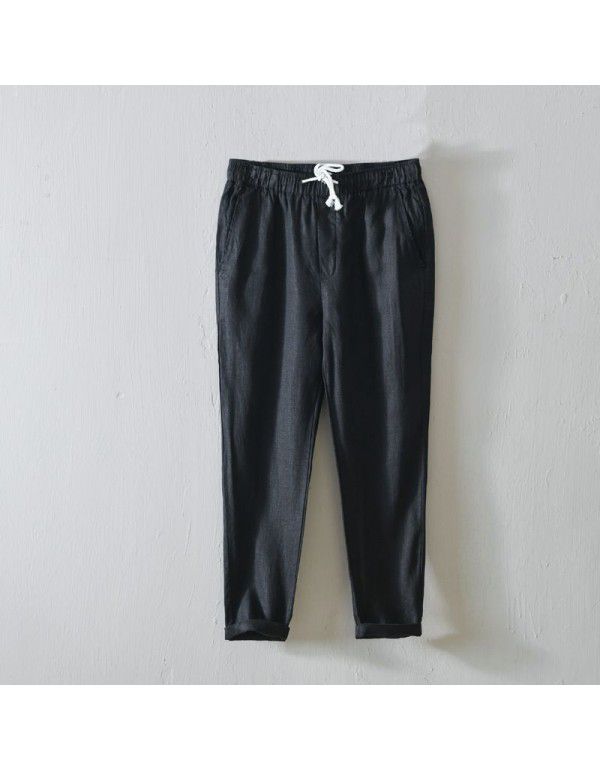 Spring and Summer Simple Solid Color Straight Pants Men's Lacing Casual Pants Linen Breathable Pants Men