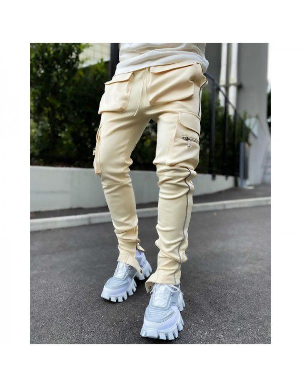 Spring and Autumn Work Wear Pants Men's Fashion Brand Elastic Multi Pocket Reflective Straight Sleeve Sports Fitness Casual Pants