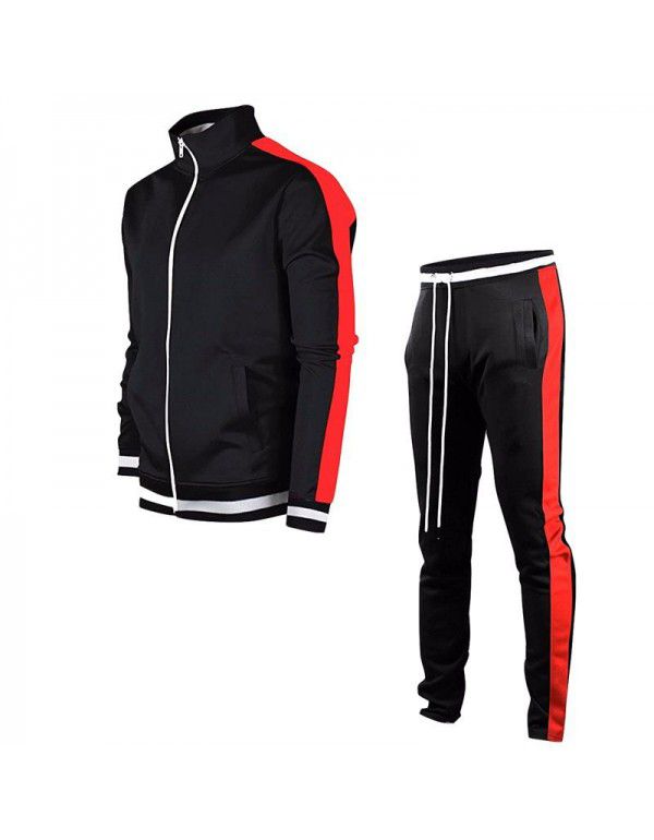 Men's casual sports suit cardigan color matching trend stand collar two-piece set 