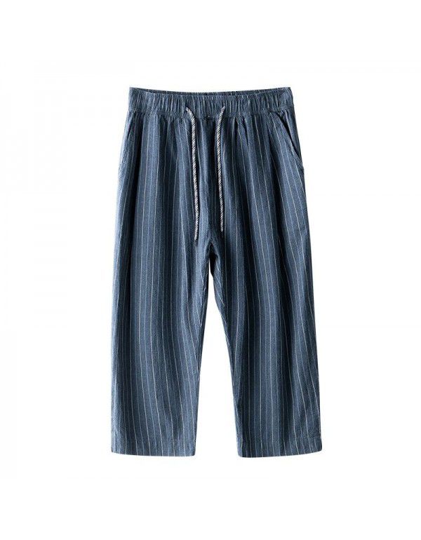 Elastic waist stripe large straight cotton and hemp casual pants Men's drawstring waist loose linen pants 