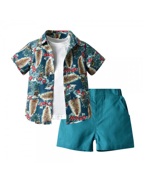 Hawaiian Set Boys' Fashion Flower Shirt Jacket Short Sleeve T-shirt Shorts 3PK Set 