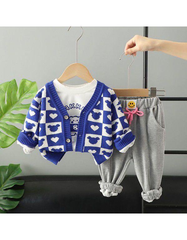 Autumn Girls' Knitted Cardigan Coat Printed Long Sleeve T-shirt Casual Pants 3PK Set