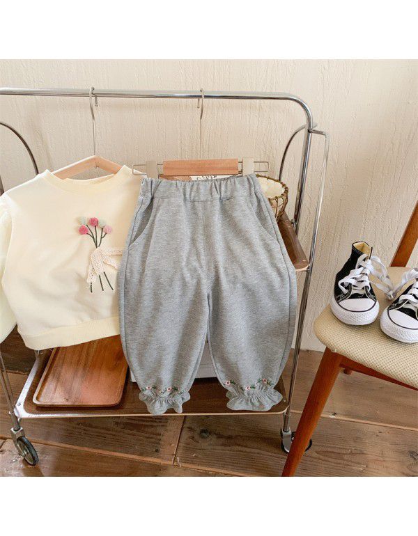 Children's casual pants Spring and Autumn Korean version Girls' embroidered leggings Baby retro pants