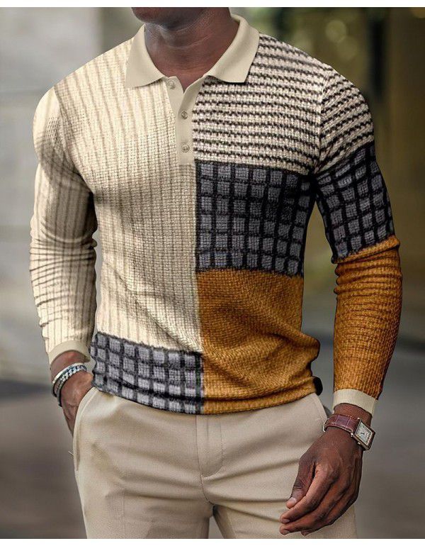 Spring New Men's 3D Printing Casual Vintage Long Sleeve Polo Men's Paul Shirt