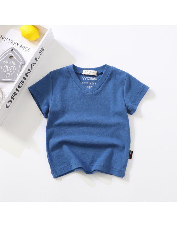 Summer New Children's Short Sleeve V-Neck T-shirt Men's and Women's Small and Middle School Children's Baby Cotton Top Solid Color Bottom Shirt 