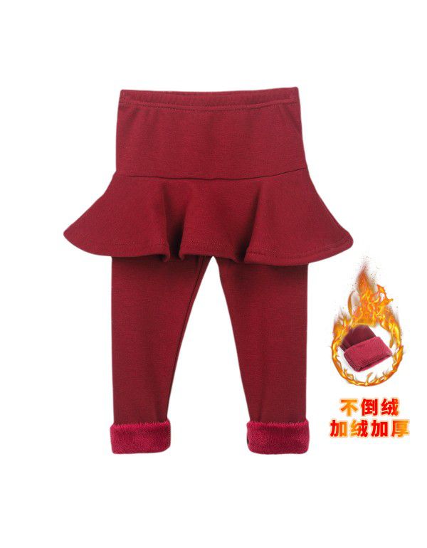 Fake two-piece leggings girls' skirt pants wear plush thickened children's thermal insulation trousers cotton in winter 