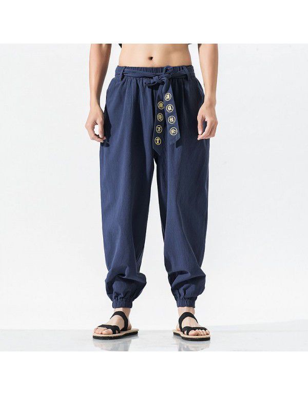 Spring and Summer New Men's Casual Cotton Linen Pants Men's Chinese Style Loose Embroidered Harun Pants Linen Pants