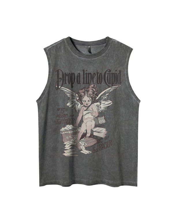 American vintage vintage vintage angel print sleeveless t-shirt fashion brand loose lovers casual sports vest men's T-shirt street 